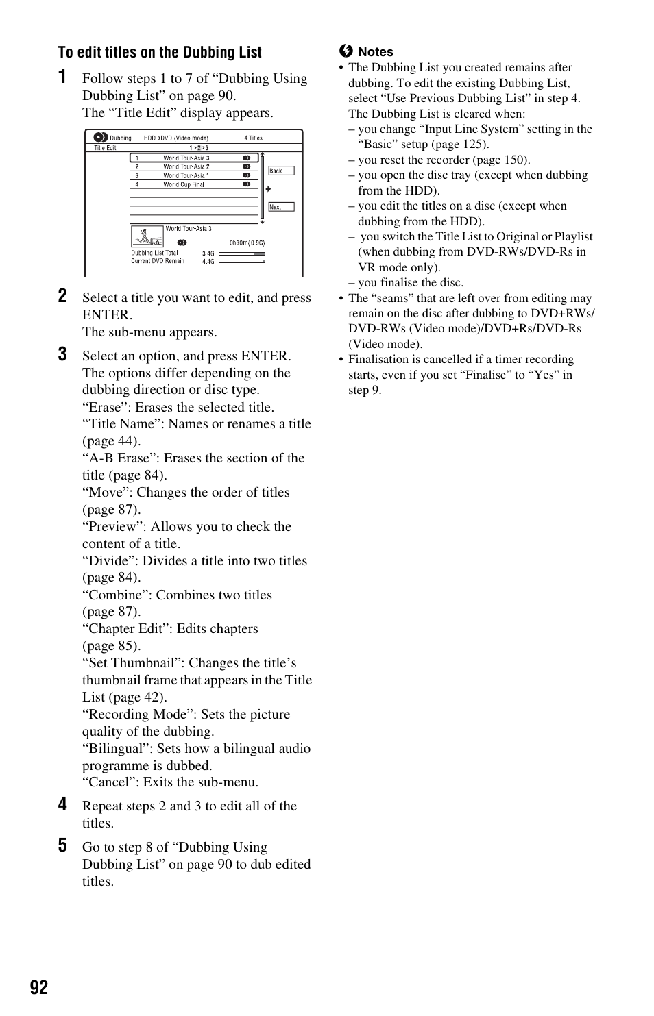 To edit titles on the dubbing list | Sony RDR-HXD995 User Manual | Page 92 / 168