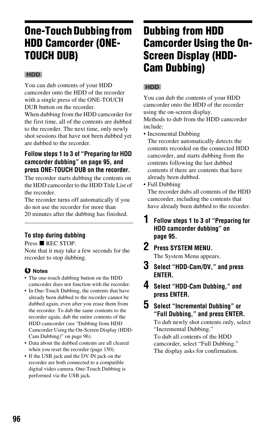 Hdd-cam dubbing), Uch dub (96 | Sony RDR-HXD995 User Manual | Page 96 / 168