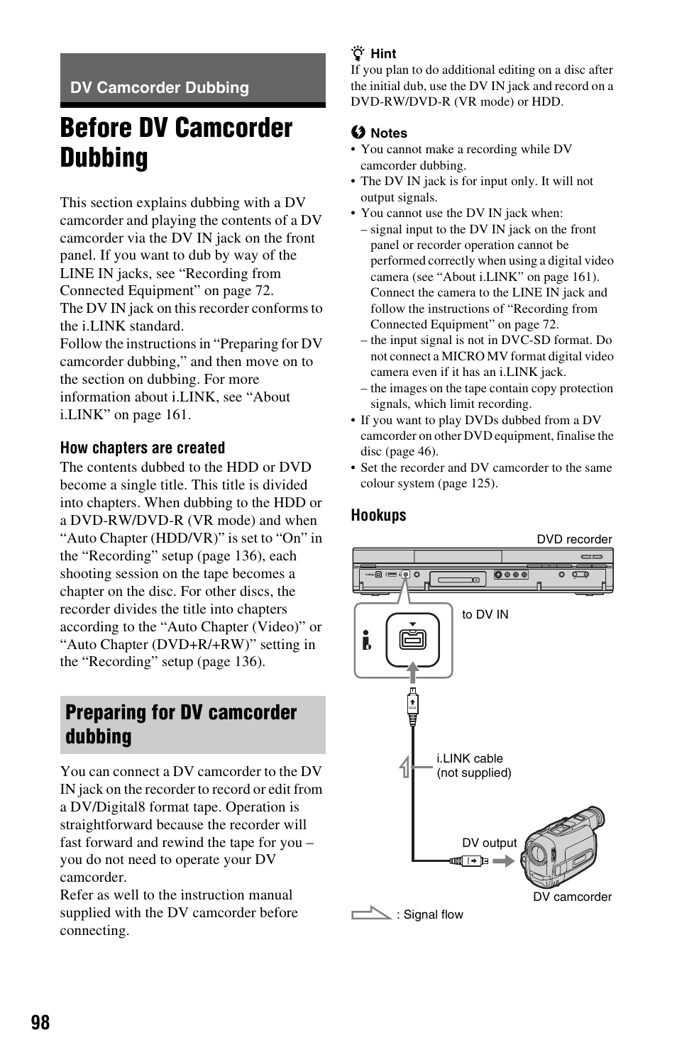 Dv camcorder dubbing, Before dv camcorder dubbing, Preparing for dv camcorder dubbing | Sony RDR-HXD995 User Manual | Page 98 / 168
