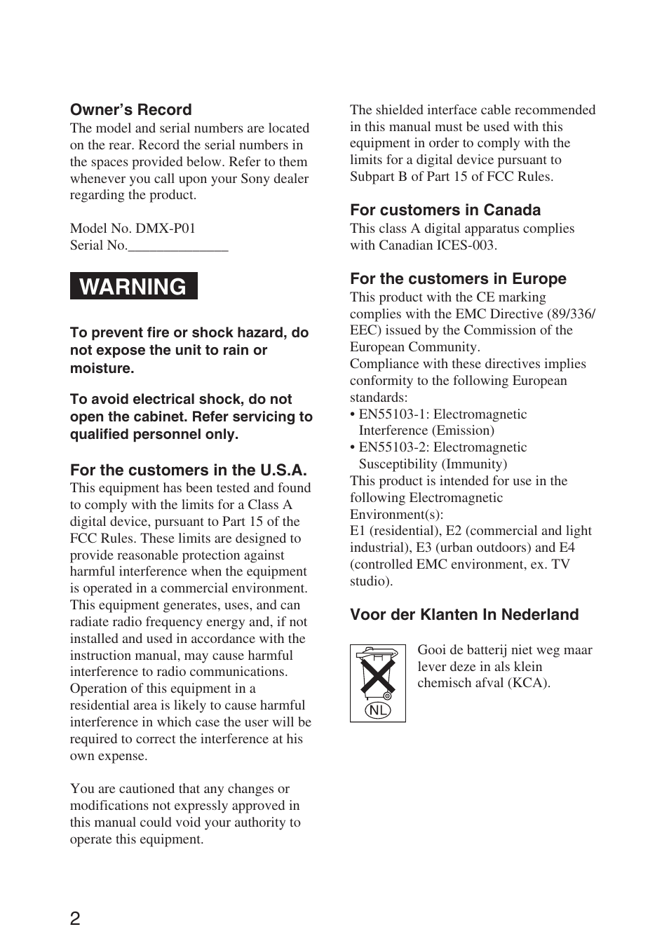 Warning | Sony DMX-P01 User Manual | Page 2 / 49