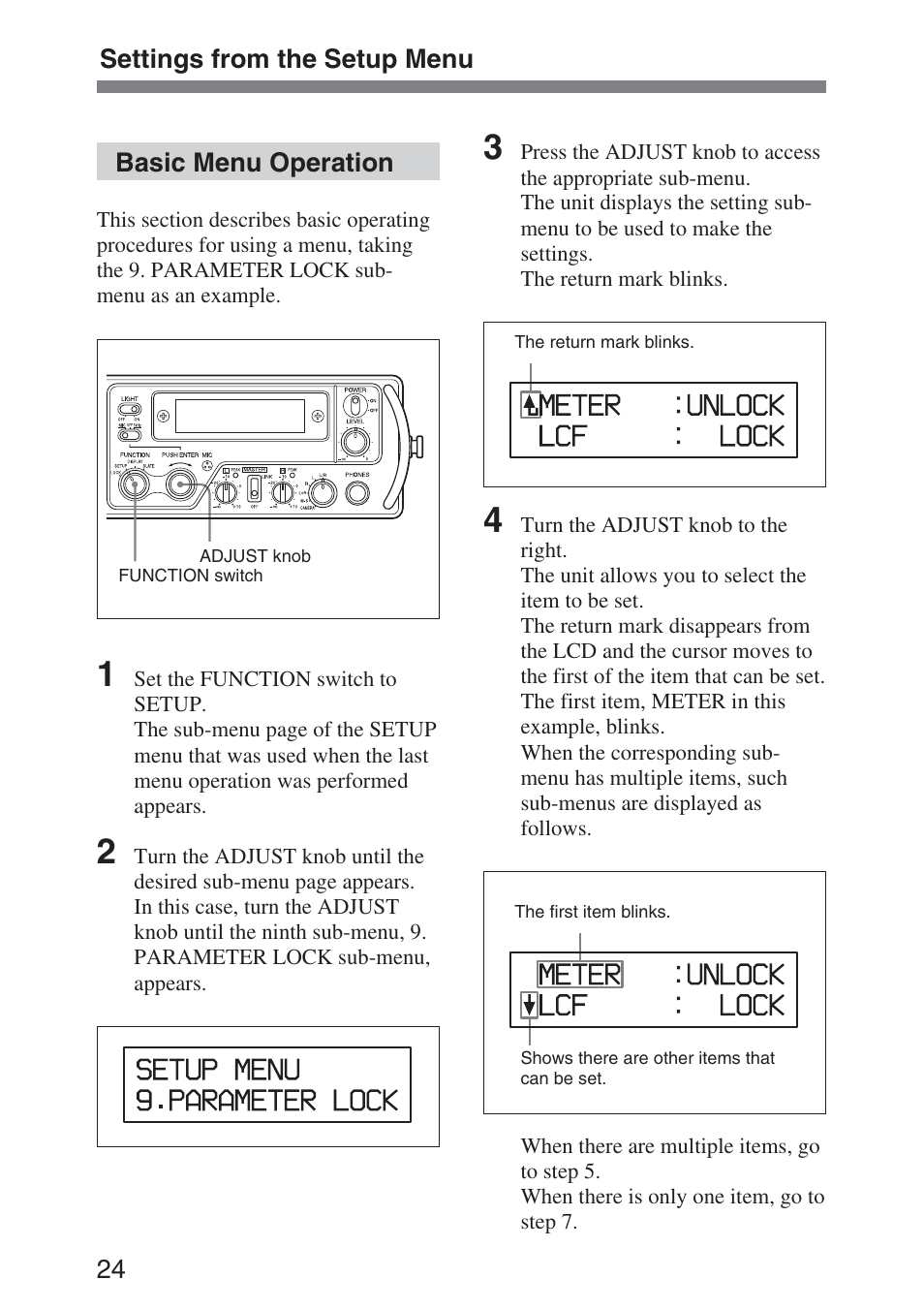Basic menu operation | Sony DMX-P01 User Manual | Page 24 / 49