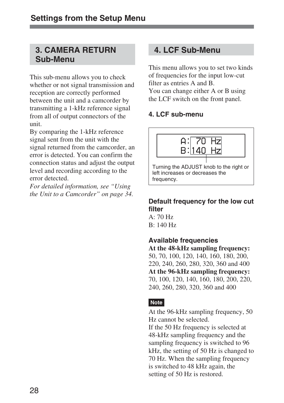 Camera return sub-menu, Lcf sub-menu, Camera return | Sub-menu, 28 3. camera return sub-menu, Settings from the setup menu | Sony DMX-P01 User Manual | Page 28 / 49