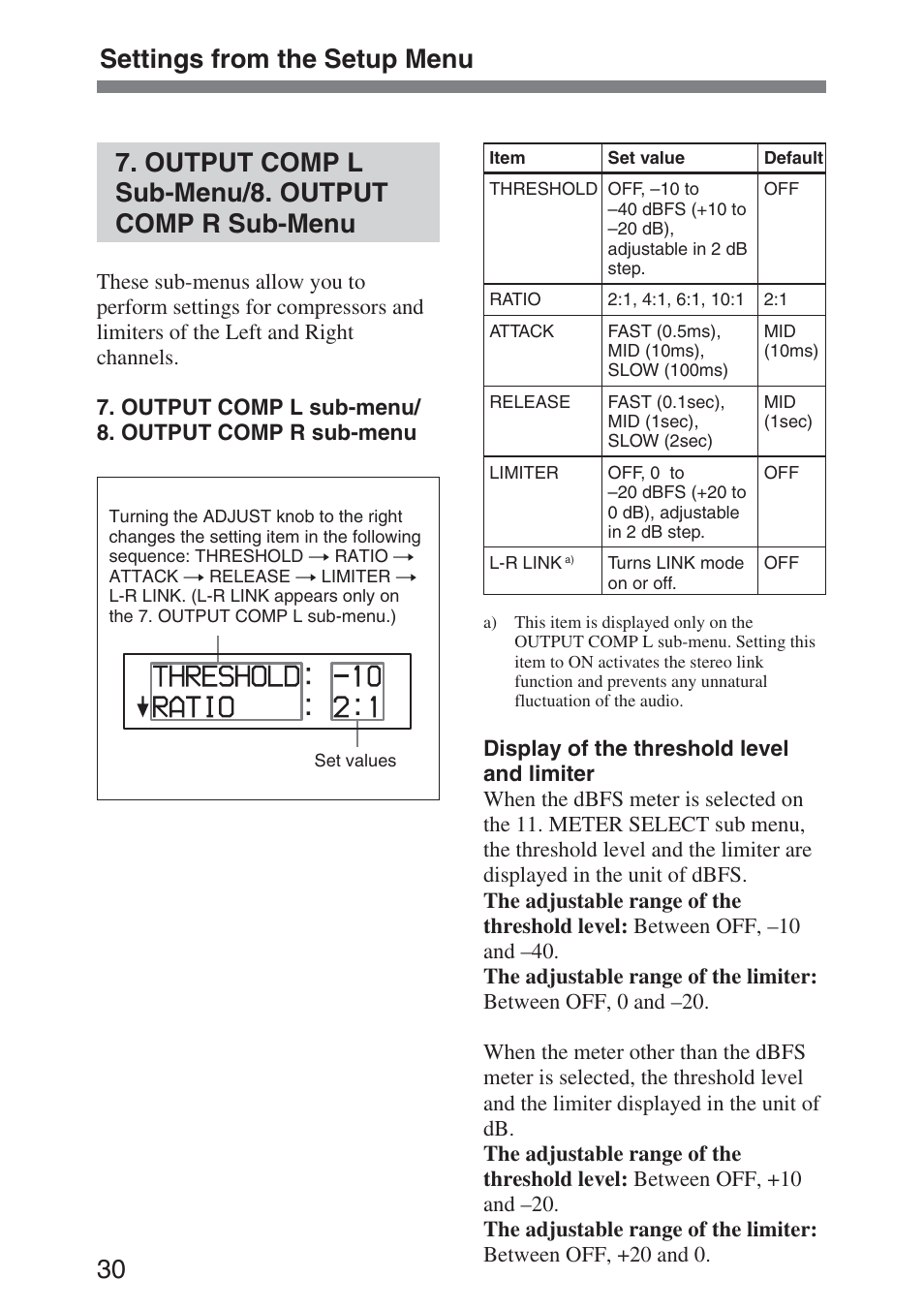 Output comp l sub-menu/8. output comp r sub-menu, Output comp l, Sub-menu/8. output comp r sub-menu | Settings from the setup menu | Sony DMX-P01 User Manual | Page 30 / 49