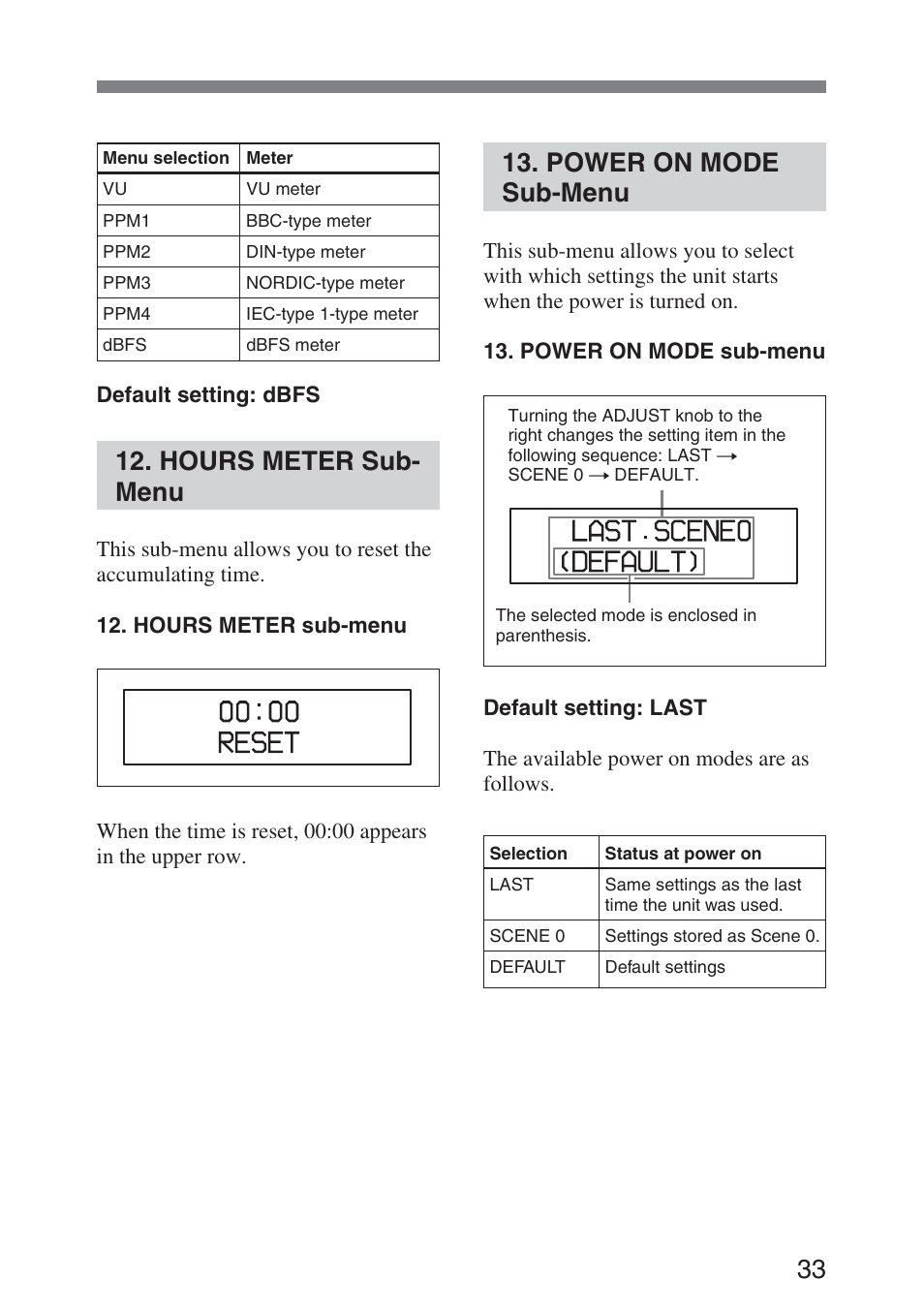 Hours meter sub-menu, Power on mode sub-menu, Hours meter | Sub-menu, Power on mode, Hours meter sub- menu | Sony DMX-P01 User Manual | Page 33 / 49