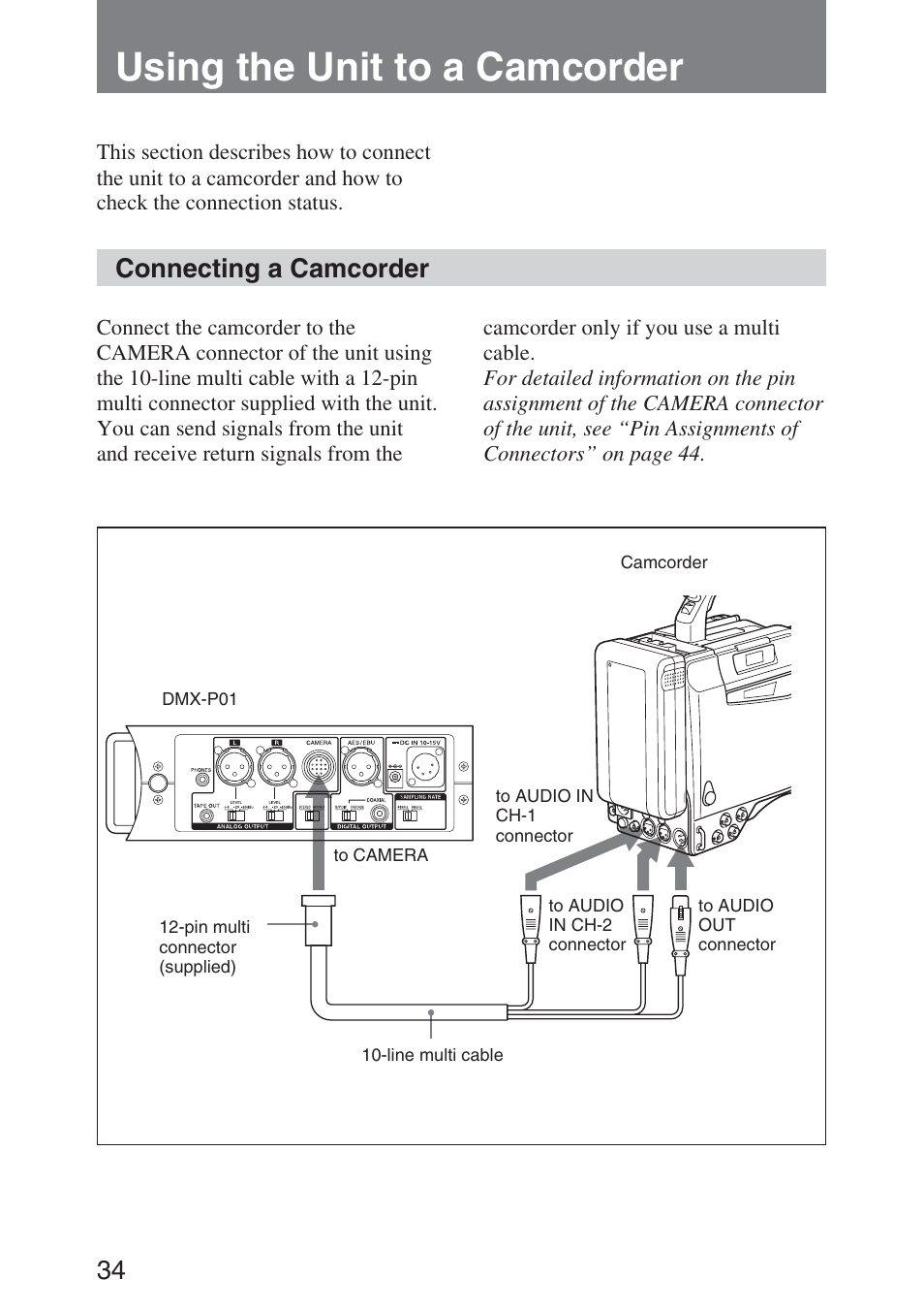 Using the unit to a camcorder, Connecting a camcorder, Using the unit to a | Camcorder | Sony DMX-P01 User Manual | Page 34 / 49
