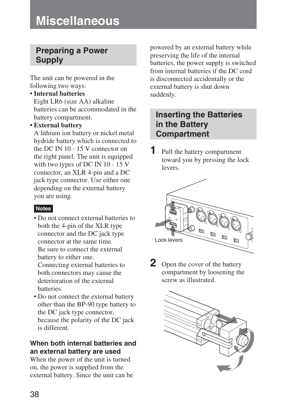 Miscellaneous, Preparing a power supply, Inserting the batteries in the battery compartment | Inserting the batteries in the, Battery compartment | Sony DMX-P01 User Manual | Page 38 / 49