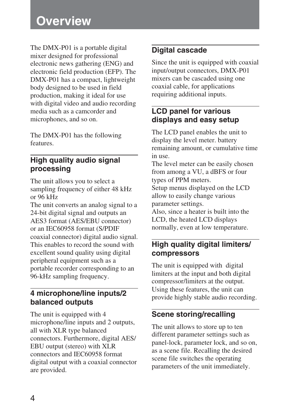 Overview | Sony DMX-P01 User Manual | Page 4 / 49