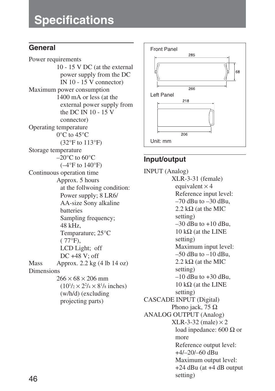 Specifications | Sony DMX-P01 User Manual | Page 46 / 49
