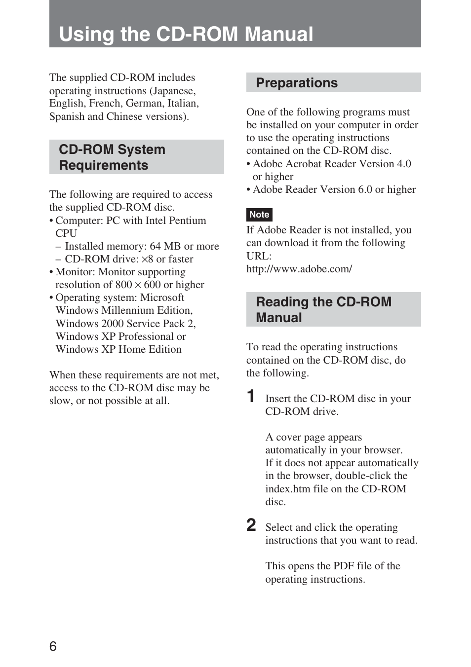 Using the cd-rom manual, Cd-rom system requirements, Preparations | Reading the cd-rom manual, Cd-rom system, Requirements | Sony DMX-P01 User Manual | Page 6 / 49