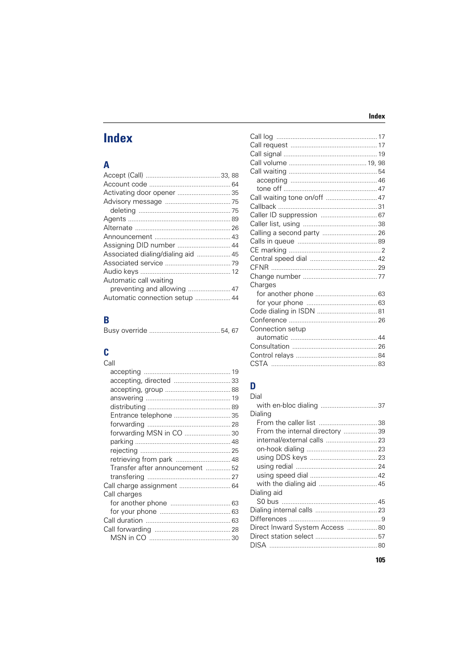 Index | Sony HIPATH 500 User Manual | Page 105 / 113