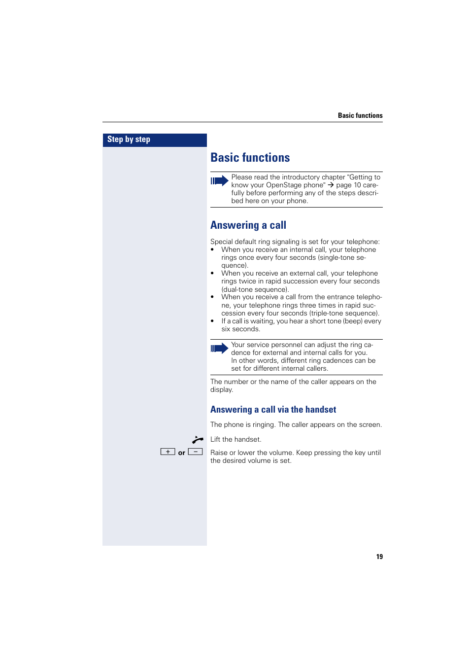 Basic functions, Answering a call, Answering a call via the handset | Sony HIPATH 500 User Manual | Page 19 / 113