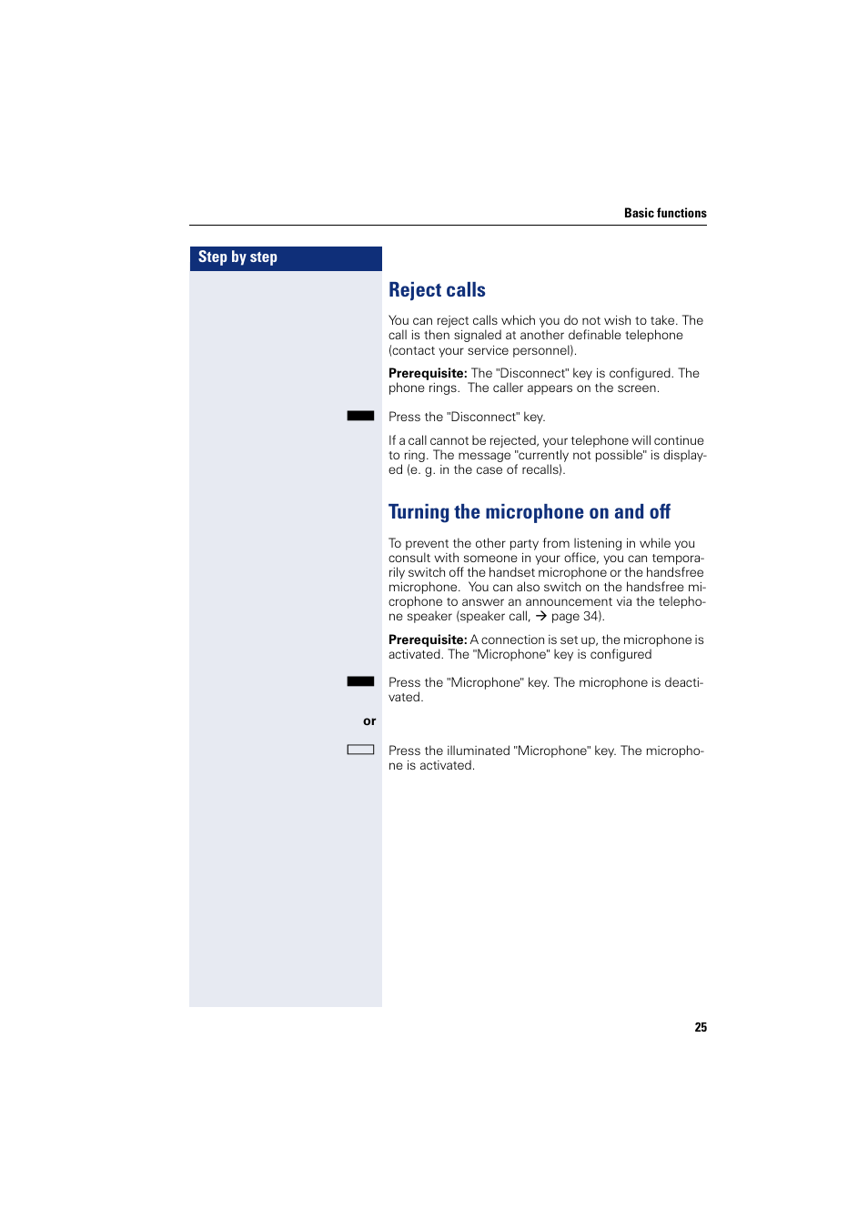 Reject calls, Turning the microphone on and off | Sony HIPATH 500 User Manual | Page 25 / 113