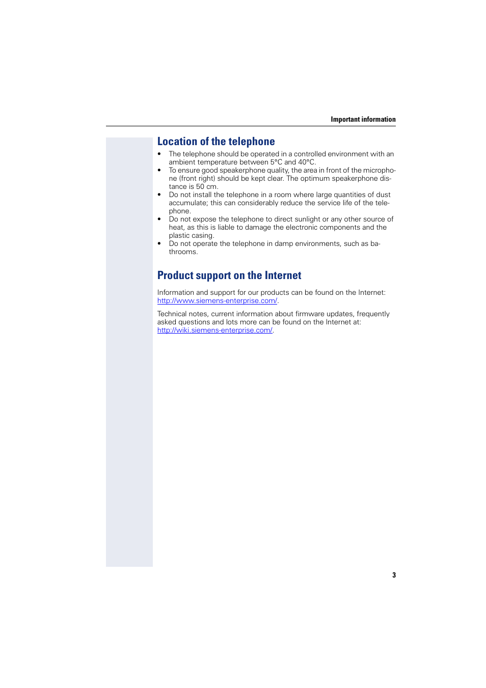 Location of the telephone, Product support on the internet | Sony HIPATH 500 User Manual | Page 3 / 113