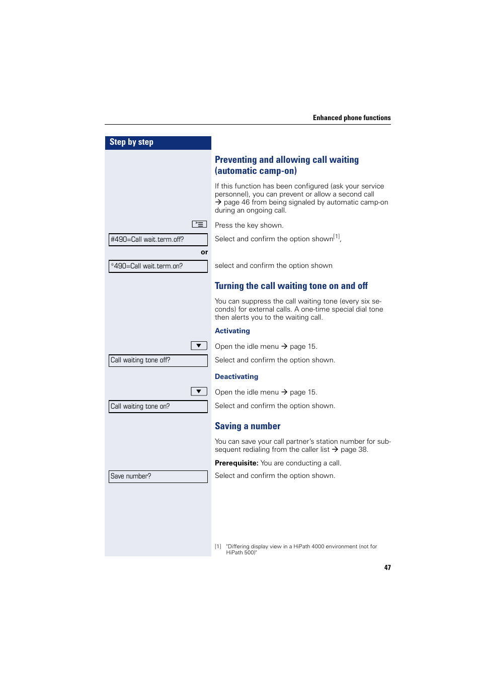 Turning the call waiting tone on and off, Saving a number | Sony HIPATH 500 User Manual | Page 47 / 113