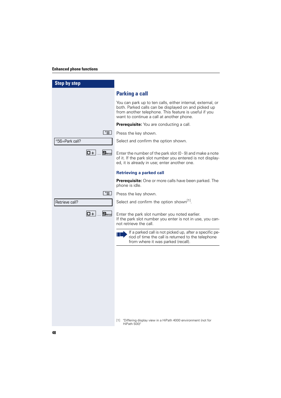 Parking a call | Sony HIPATH 500 User Manual | Page 48 / 113