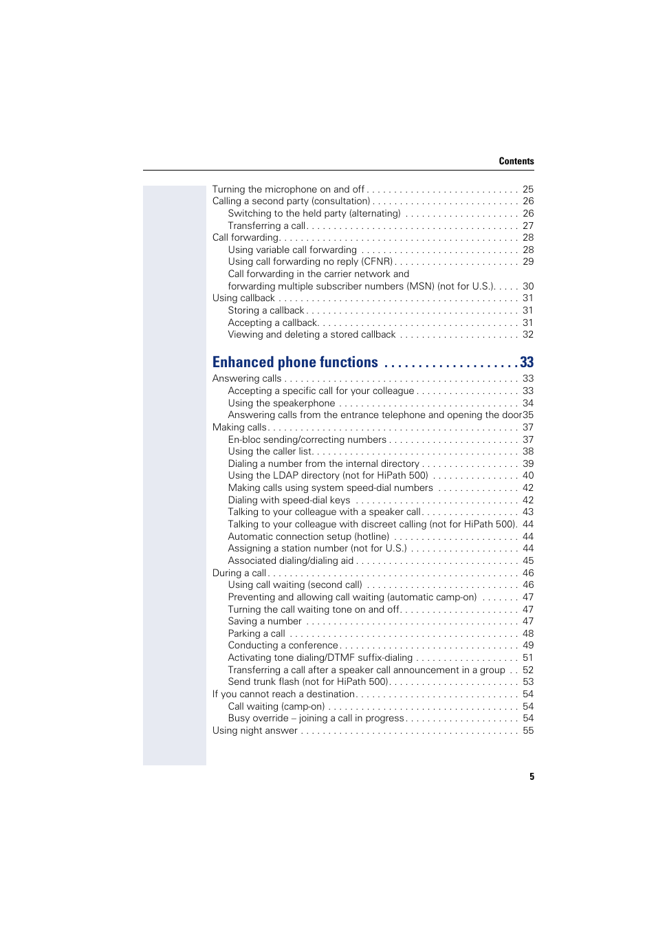 Enhanced phone functions | Sony HIPATH 500 User Manual | Page 5 / 113