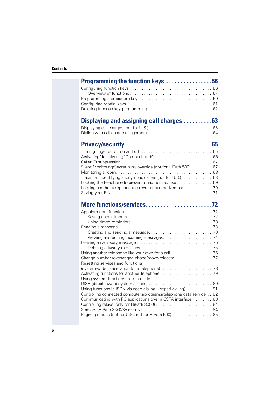 Programming the function keys, Displaying and assigning call charges, Privacy/security | More functions/services | Sony HIPATH 500 User Manual | Page 6 / 113