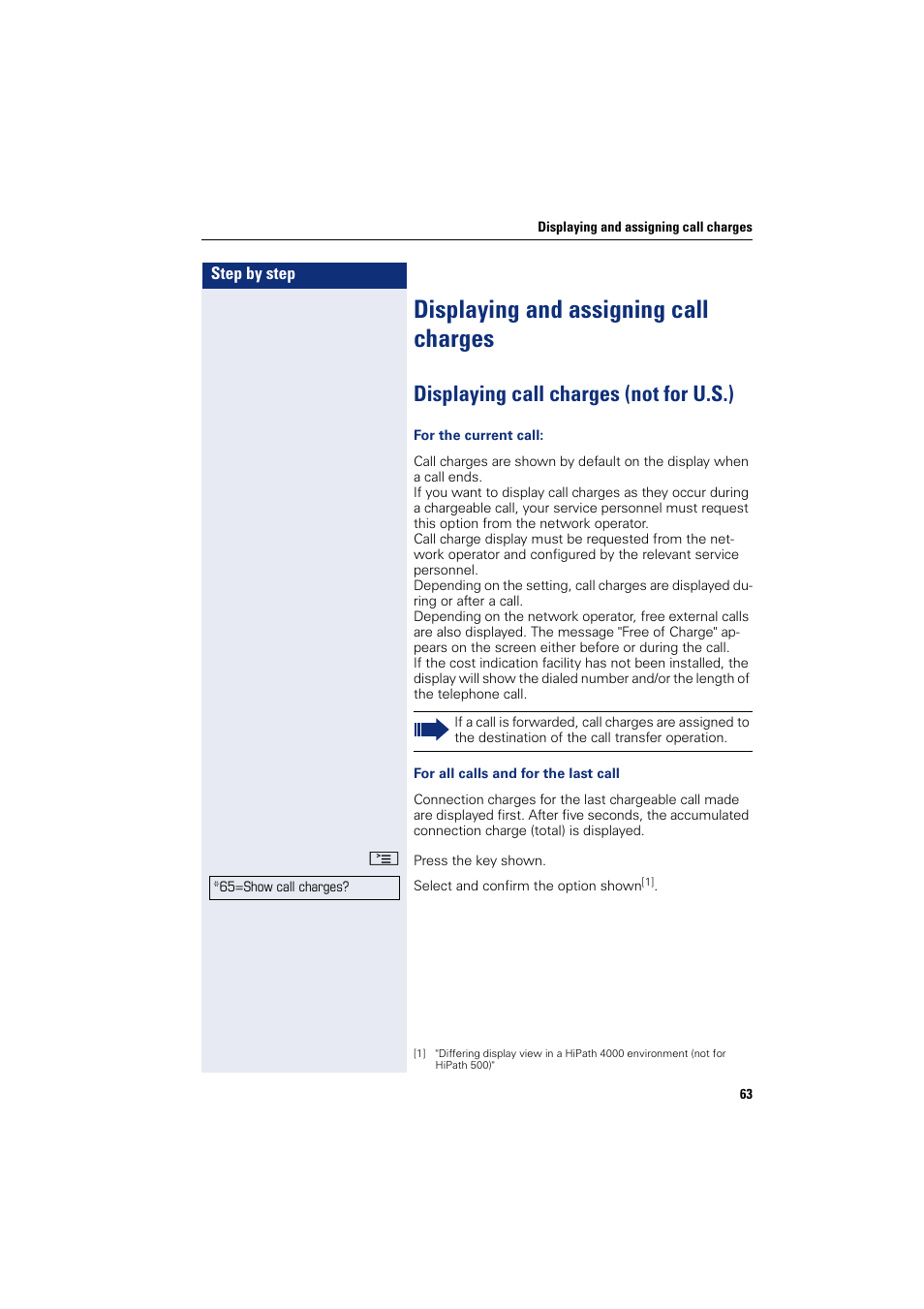 Displaying and assigning call charges, Displaying call charges (not for u.s.) | Sony HIPATH 500 User Manual | Page 63 / 113