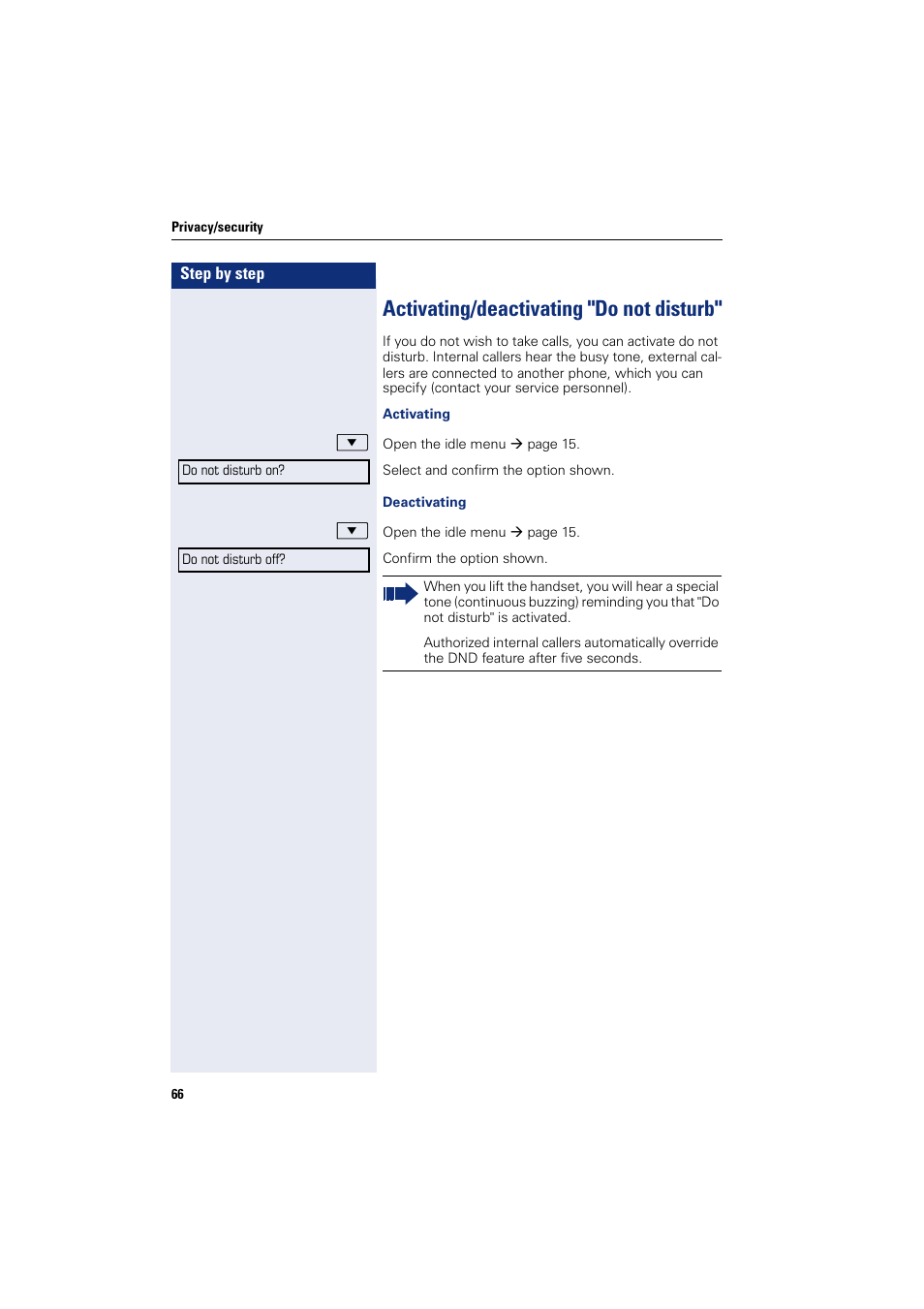 Activating/deactivating "do not disturb | Sony HIPATH 500 User Manual | Page 66 / 113