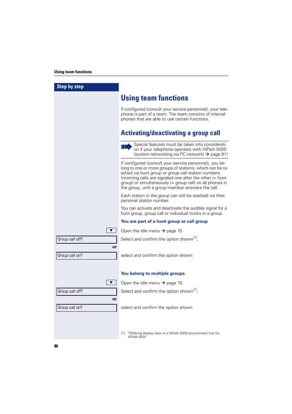 Using team functions, Activating/deactivating a group call | Sony HIPATH 500 User Manual | Page 86 / 113