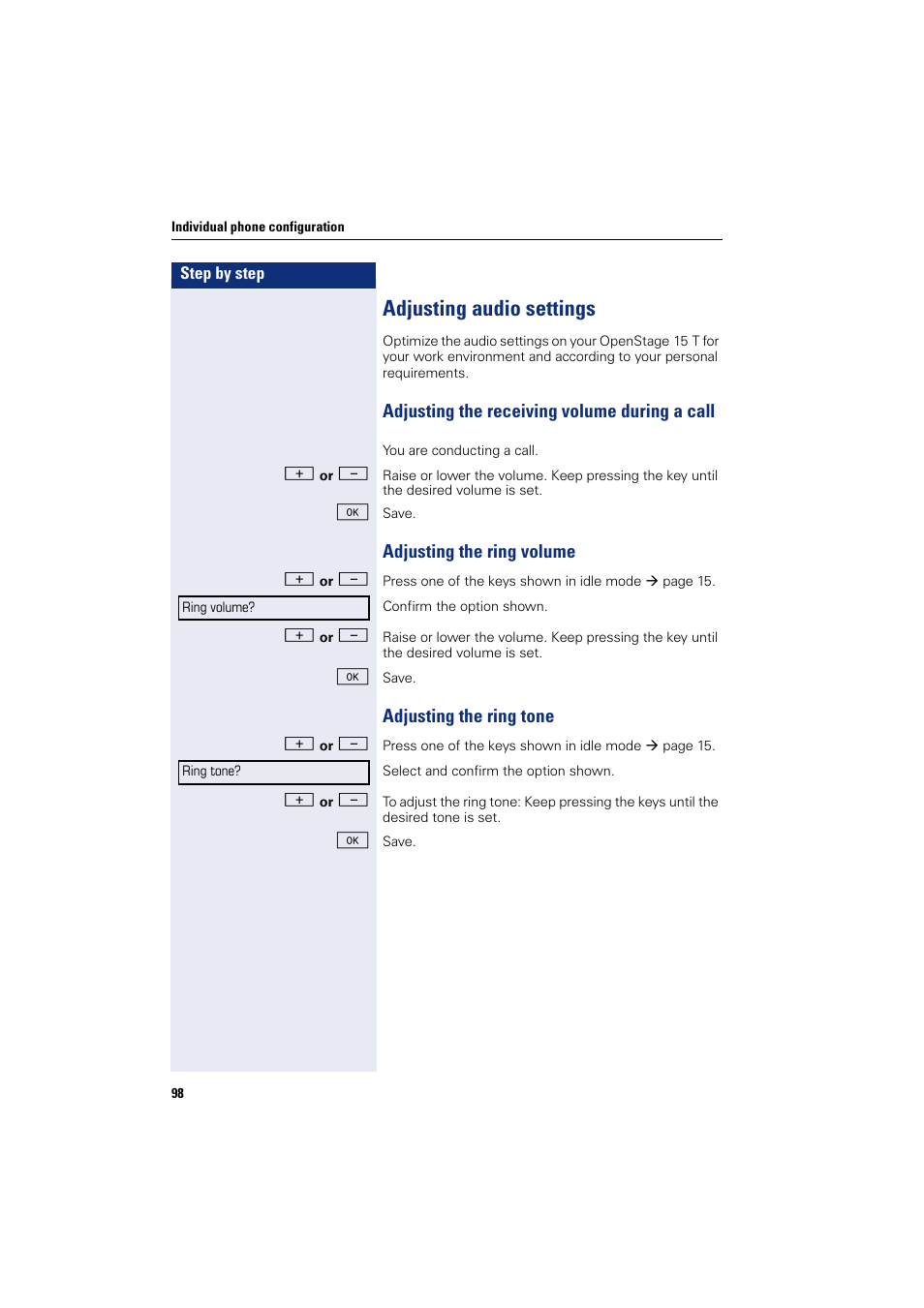 Adjusting audio settings | Sony HIPATH 500 User Manual | Page 98 / 113