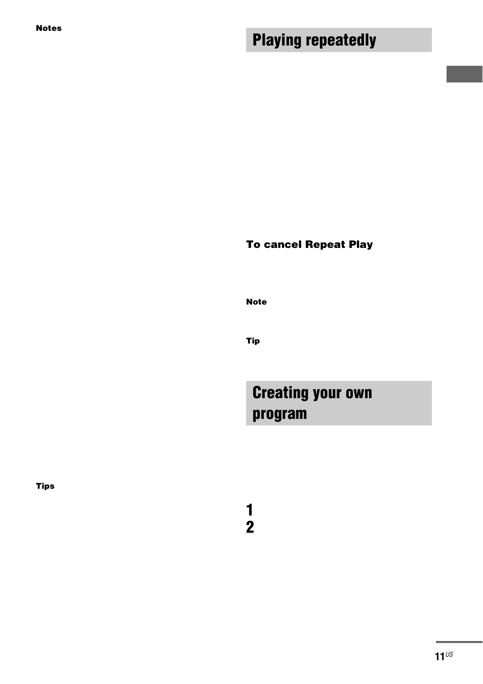 Playing repeatedly, Repeat play, Creating your own program | Program play | Sony MHC-LX10000 User Manual | Page 11 / 40