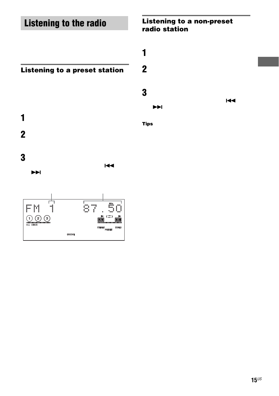 Listening to the radio, Preset tuning, Manual tuning | Preset tuning — manual tuning | Sony MHC-LX10000 User Manual | Page 15 / 40