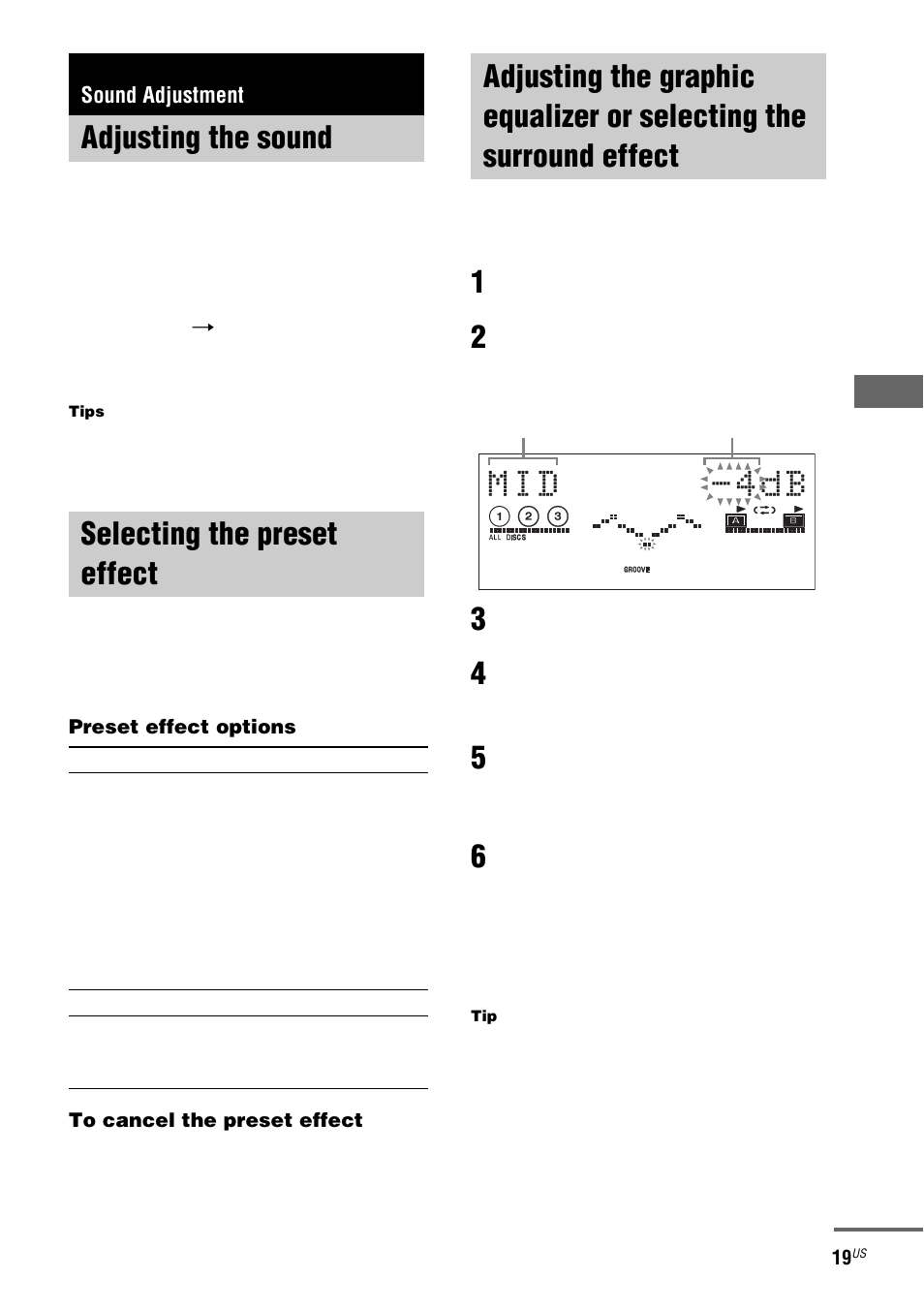 Sound adjustment, Adjusting the sound, Selecting the preset effect | Selecting the surround effect, Adjusting the sound selecting the preset effect | Sony MHC-LX10000 User Manual | Page 19 / 40
