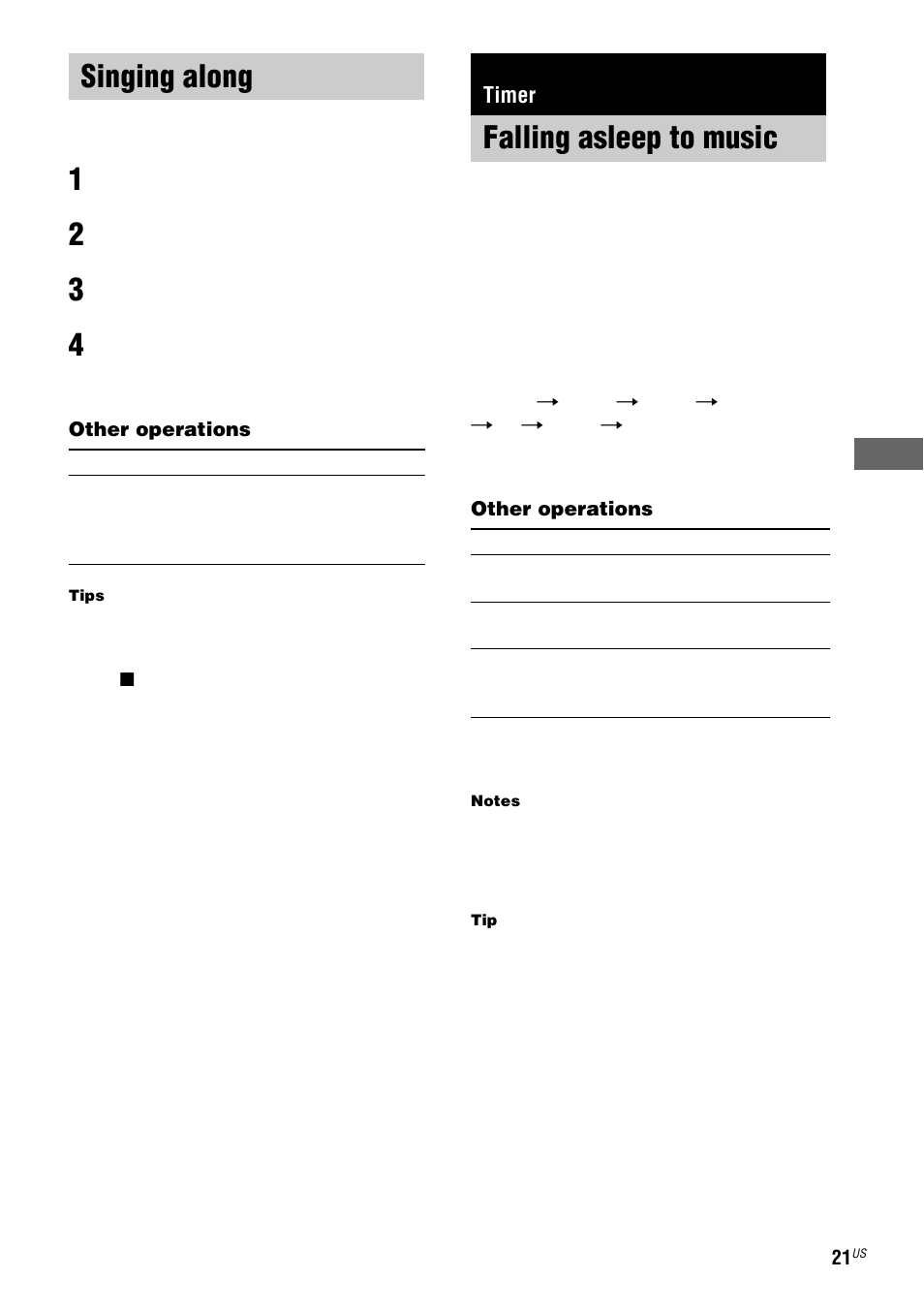 Singing along, Timer, Falling asleep to music | Sleep timer | Sony MHC-LX10000 User Manual | Page 21 / 40