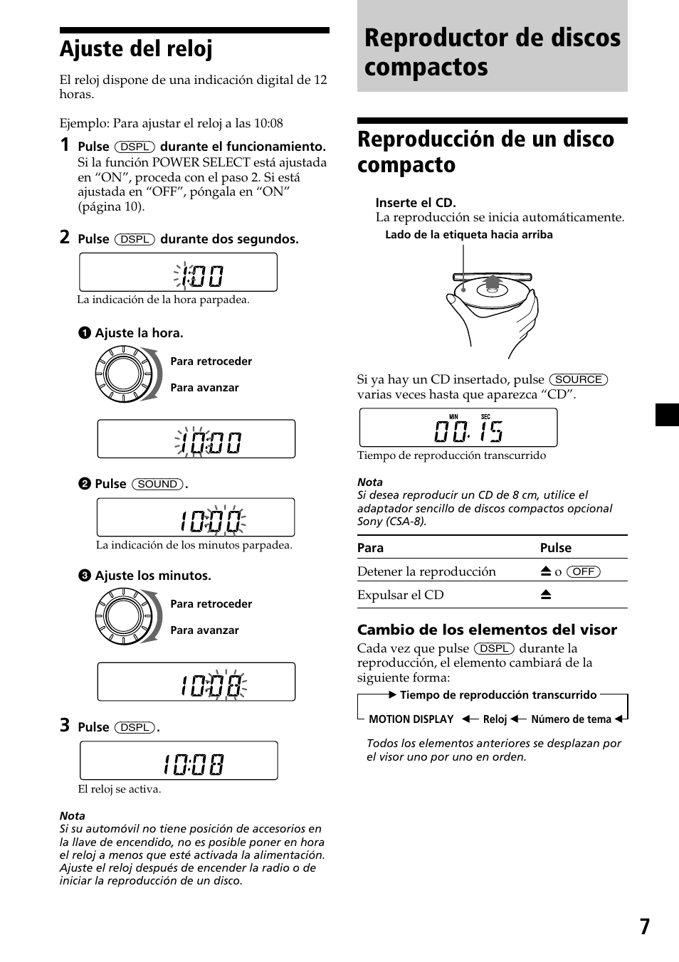 Reproductor de discos compactos, 7ajuste del reloj, Reproducción de un disco compacto | Sony CDX-4500 User Manual | Page 21 / 30