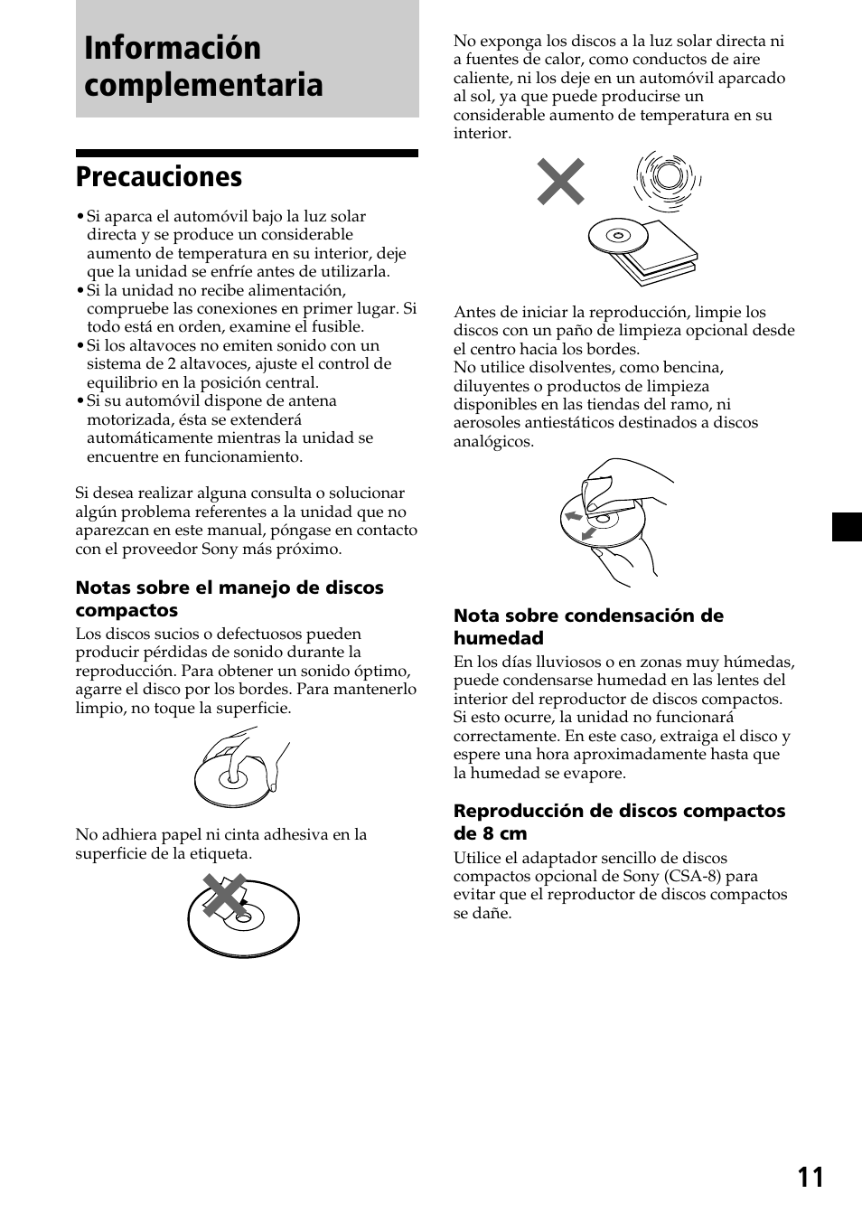 Información complementaria, Precauciones | Sony CDX-4500 User Manual | Page 25 / 30