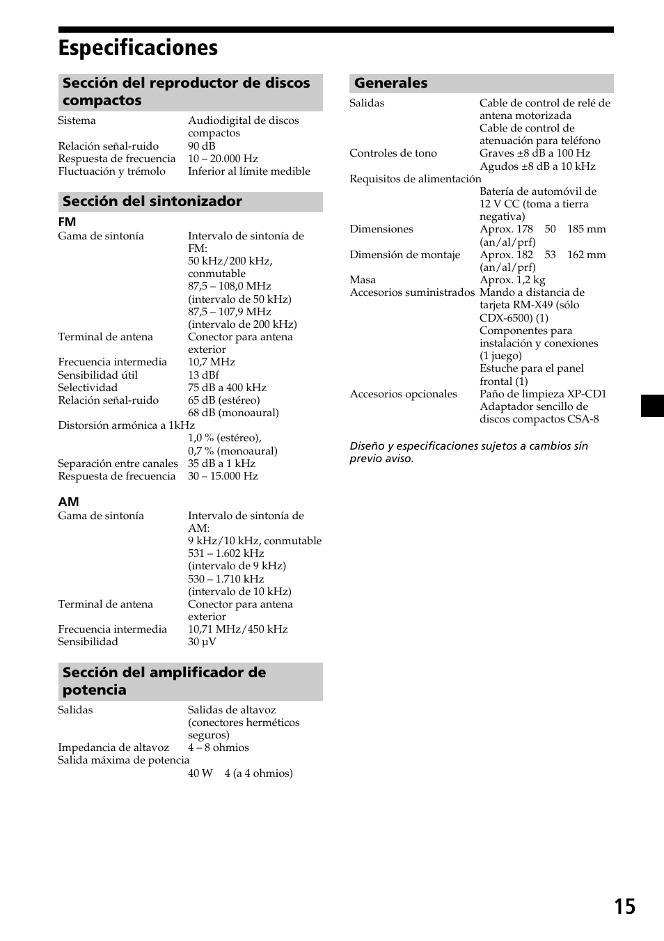 15 especificaciones, Sección del reproductor de discos compactos, Sección del sintonizador | Sección del amplificador de potencia, Generales | Sony CDX-4500 User Manual | Page 29 / 30