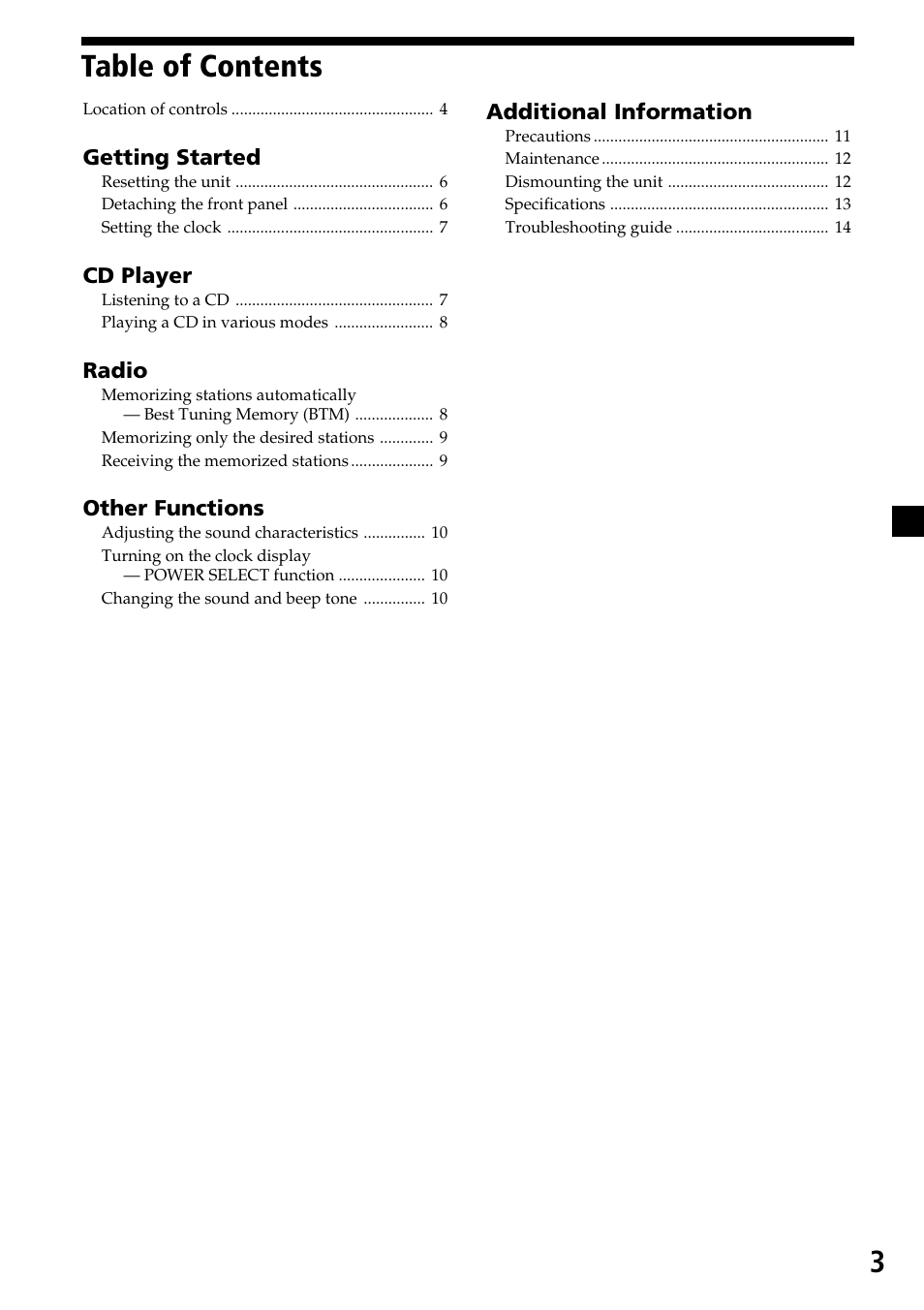 3table of contents | Sony CDX-4500 User Manual | Page 3 / 30