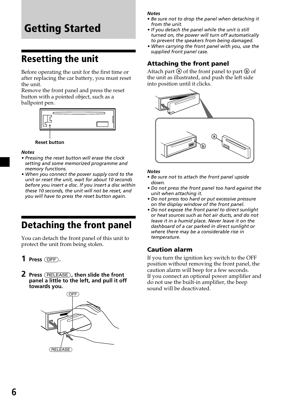 Getting started, Resetting the unit, Detaching the front panel | Sony CDX-4500 User Manual | Page 6 / 30