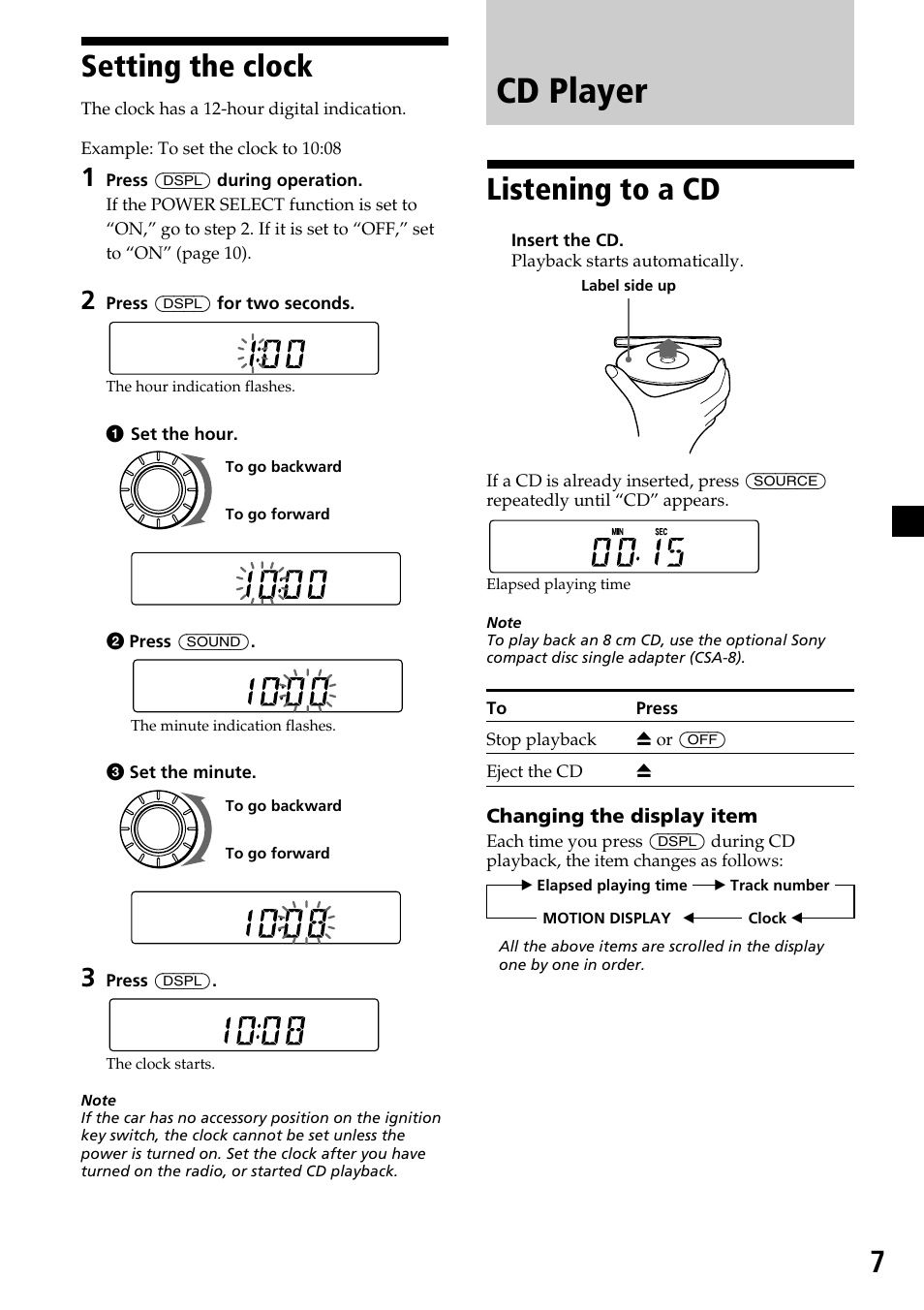 Setting the clock, Cd player, Listening to a cd | 7setting the clock | Sony CDX-4500 User Manual | Page 7 / 30