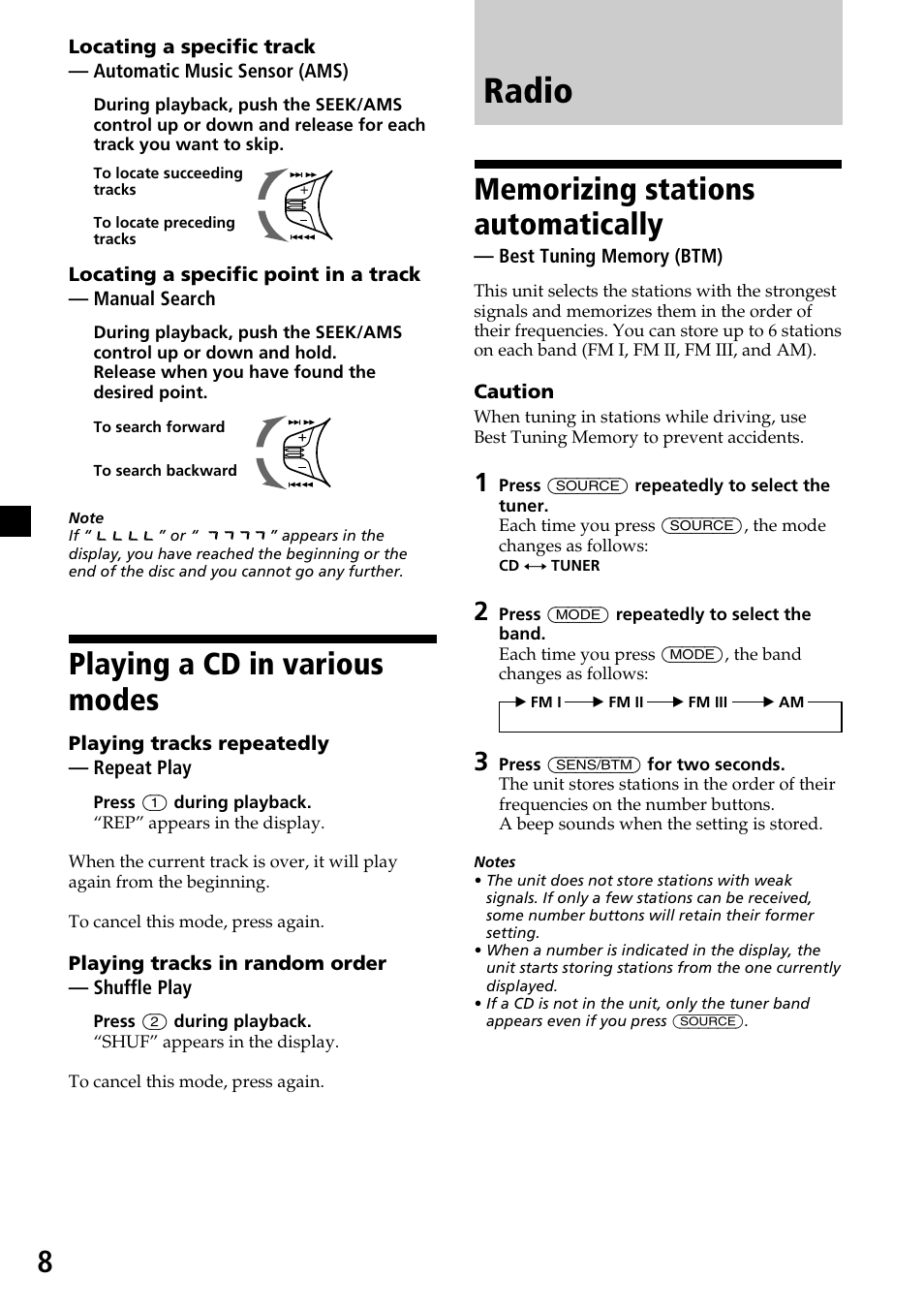 Playing a cd in various modes, Radio, Memorizing stations automatically | Best tuning memory (btm) | Sony CDX-4500 User Manual | Page 8 / 30