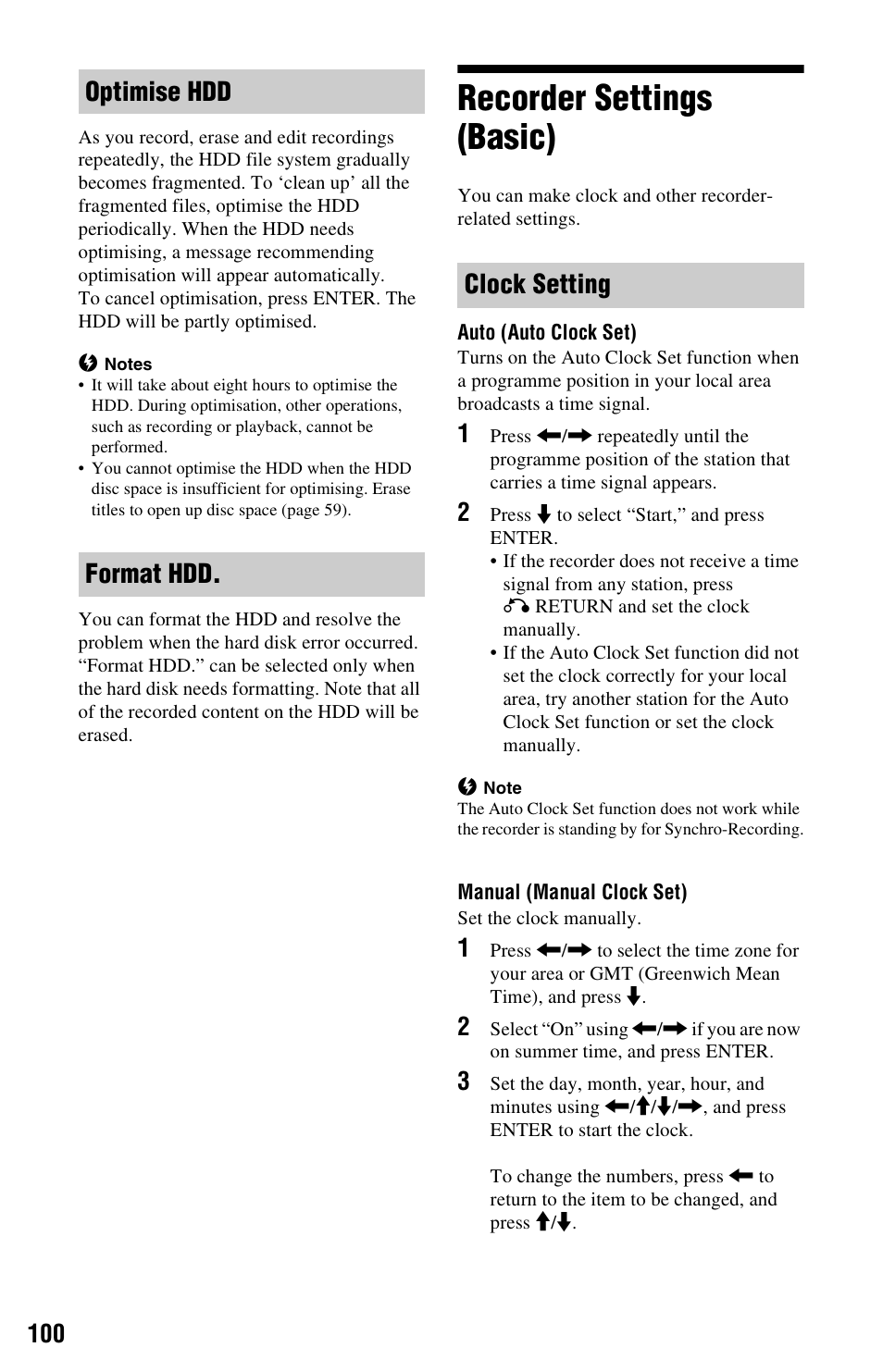 Recorder settings (basic), Optimise hdd format hdd. clock setting | Sony RDR-HX680 User Manual | Page 100 / 140