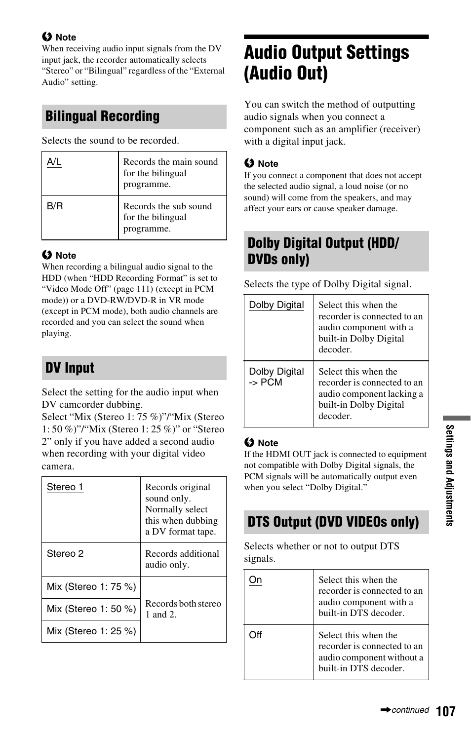 Audio output settings (audio out), Bilingual recording, Dv input | Dolby digital output (hdd/ dvds only), Dts output (dvd videos only) | Sony RDR-HX680 User Manual | Page 107 / 140