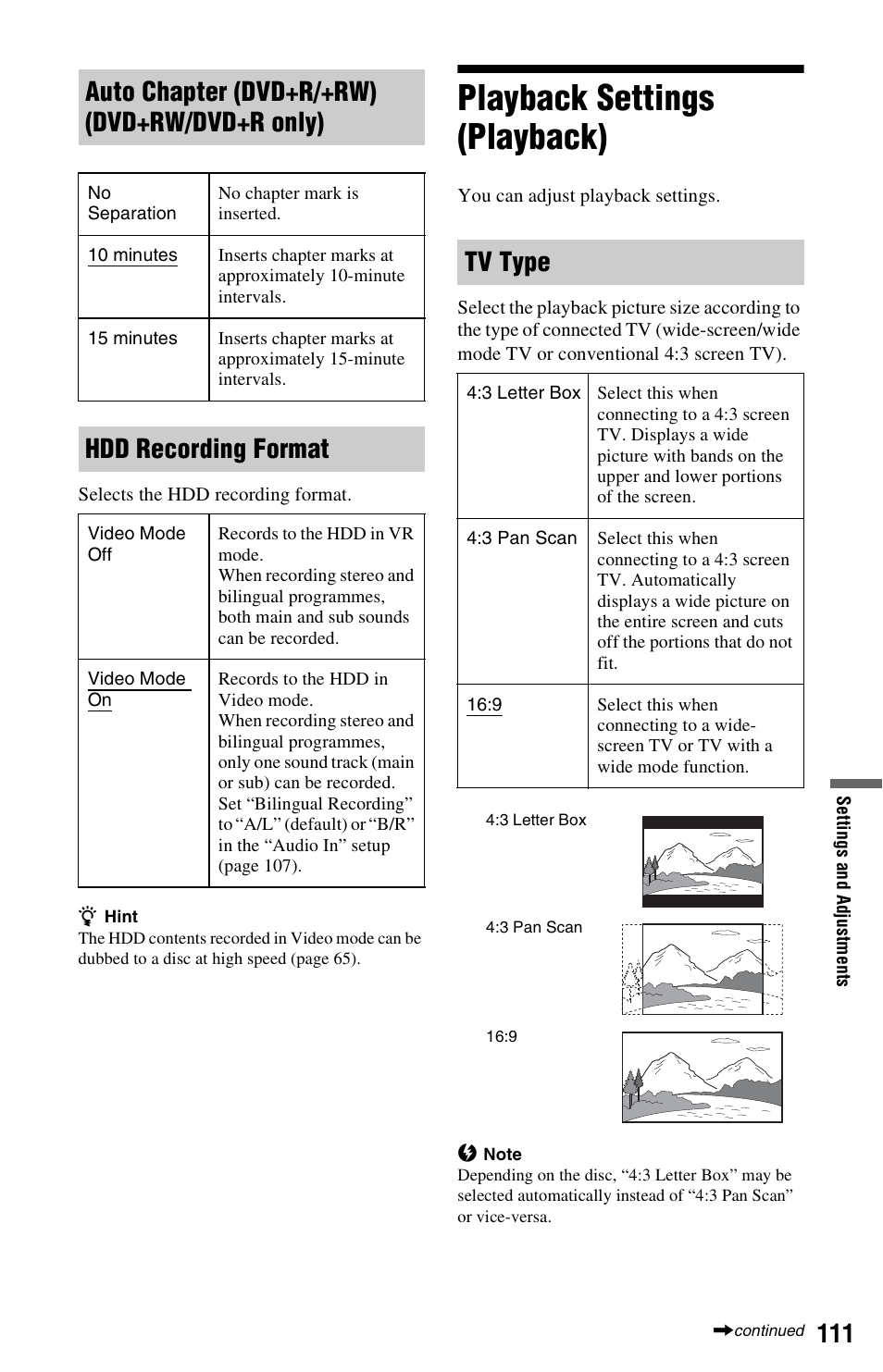 Playback settings (playback), Auto chapter (dvd+r/+rw) (dvd+rw/dvd+r only), Hdd recording format | Tv type | Sony RDR-HX680 User Manual | Page 111 / 140