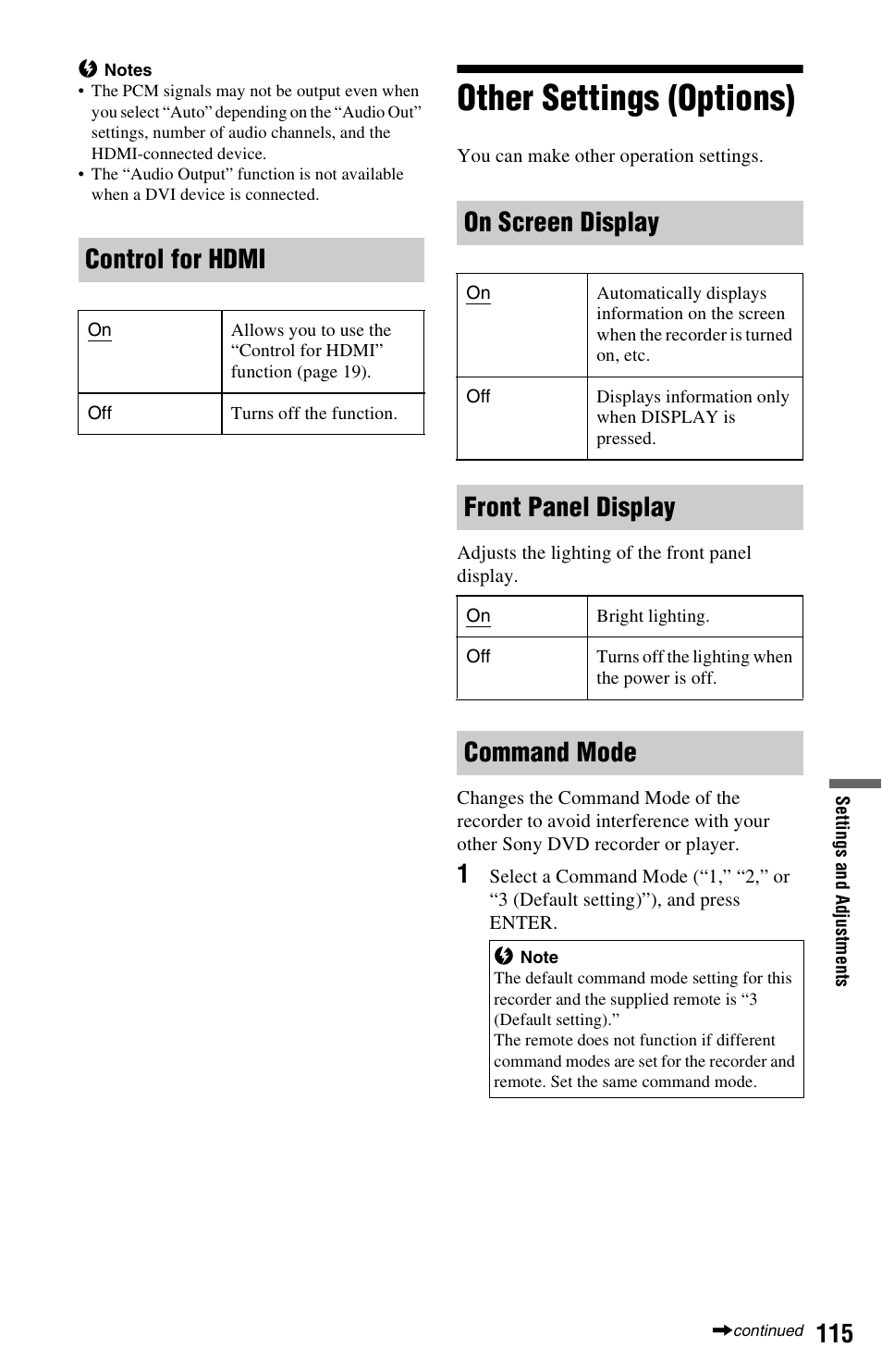 Other settings (options), Tor (115), Control for hdmi | On screen display, Front panel display, Command mode | Sony RDR-HX680 User Manual | Page 115 / 140