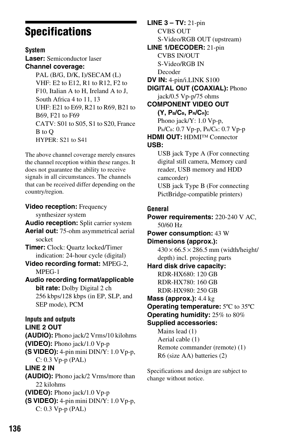 Specifications | Sony RDR-HX680 User Manual | Page 136 / 140
