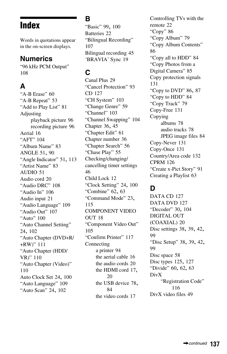 Index, Numerics | Sony RDR-HX680 User Manual | Page 137 / 140