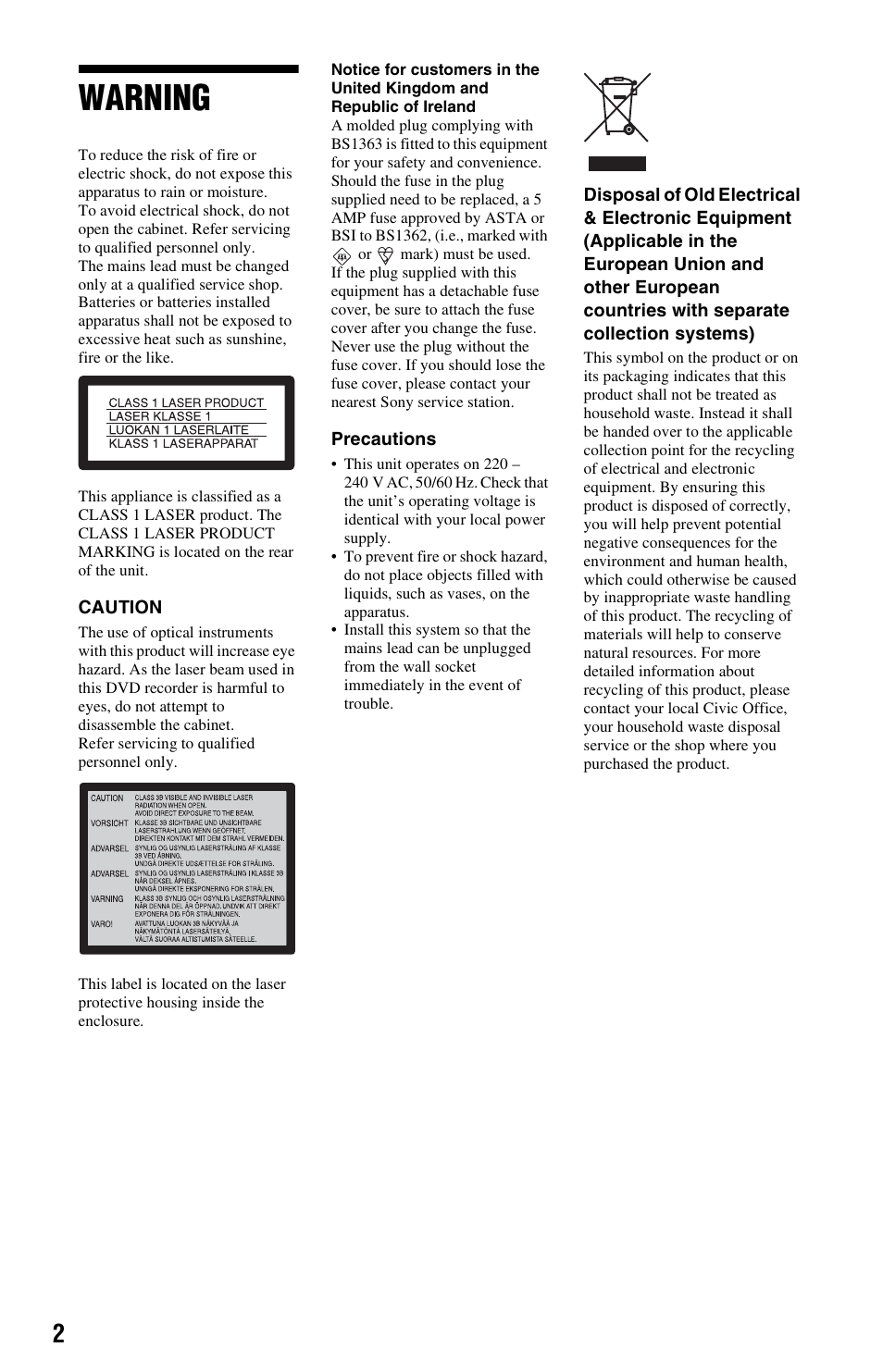 Warning | Sony RDR-HX680 User Manual | Page 2 / 140