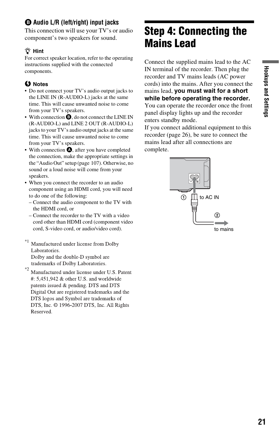 Step 4: connecting the mains lead, Inal (21) | Sony RDR-HX680 User Manual | Page 21 / 140