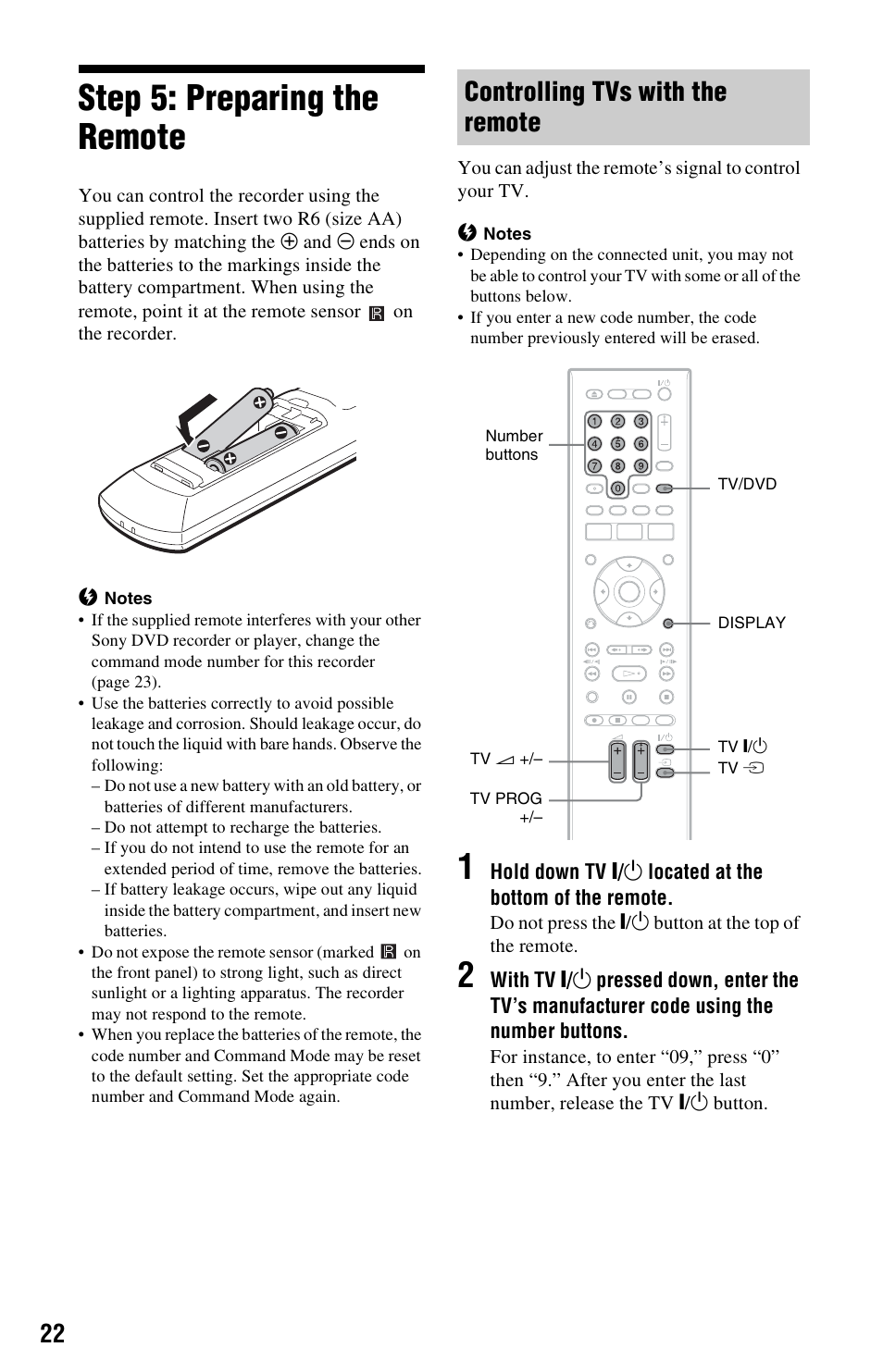 Step 5: preparing the remote, Controlling tvs with the remote, Tv/dvd (22) | T) (22) | Sony RDR-HX680 User Manual | Page 22 / 140