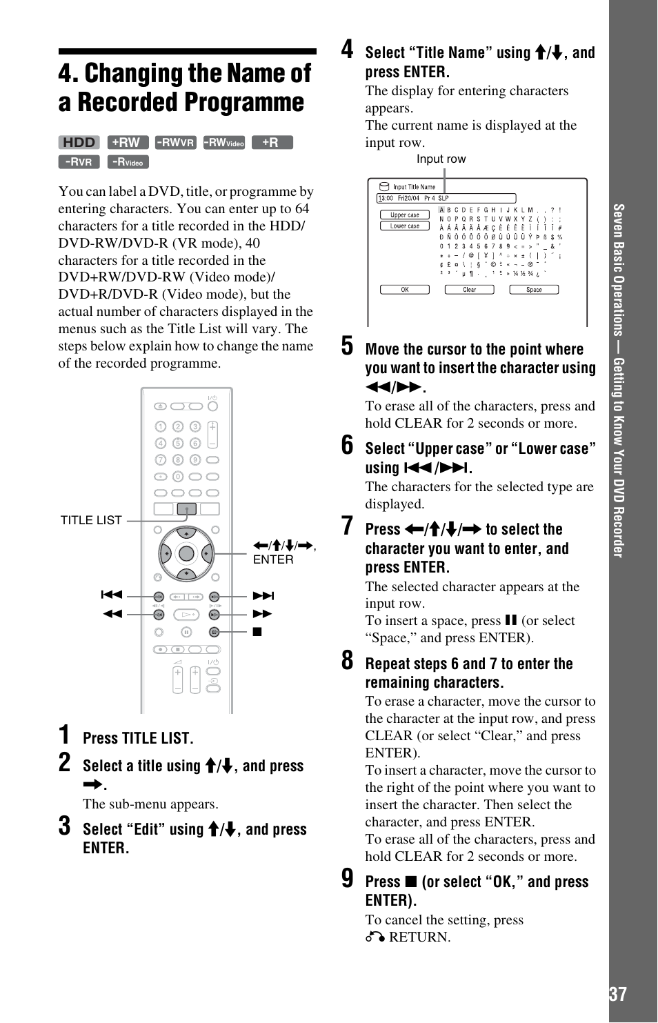 Changing the name of a recorded programme | Sony RDR-HX680 User Manual | Page 37 / 140