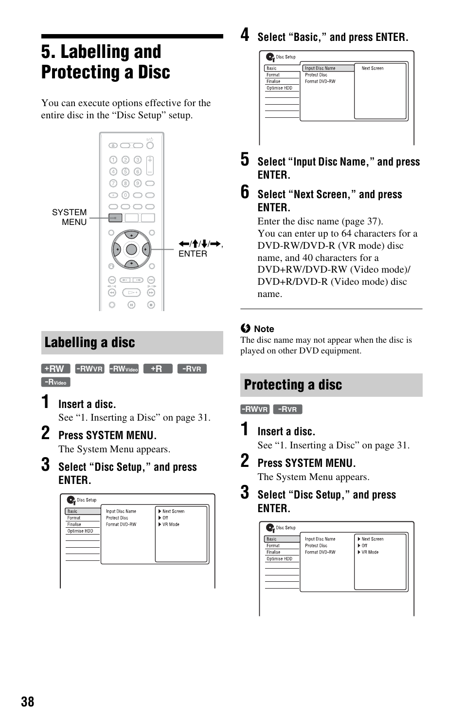 Labelling and protecting a disc, Labelling a disc, Protecting a disc | Labelling a disc protecting a disc | Sony RDR-HX680 User Manual | Page 38 / 140