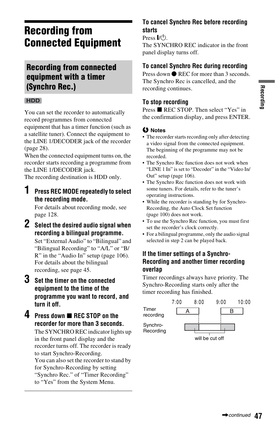 Recording from connected equipment, Ct) (47), Tor (47) | Sony RDR-HX680 User Manual | Page 47 / 140