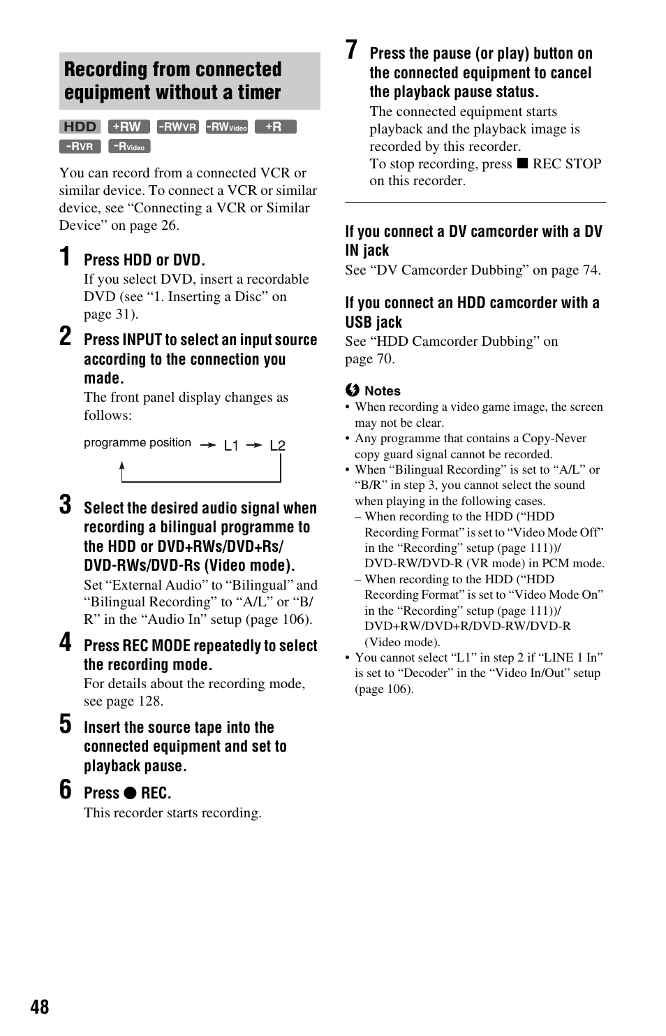 Recording from connected equipment without a timer | Sony RDR-HX680 User Manual | Page 48 / 140