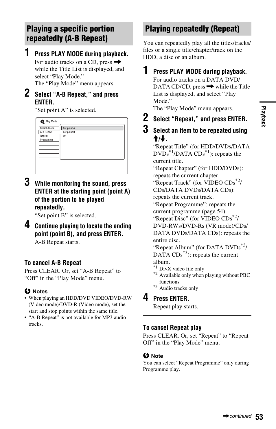 Playing a specific portion repeatedly (a-b repeat), Playing repeatedly (repeat) | Sony RDR-HX680 User Manual | Page 53 / 140